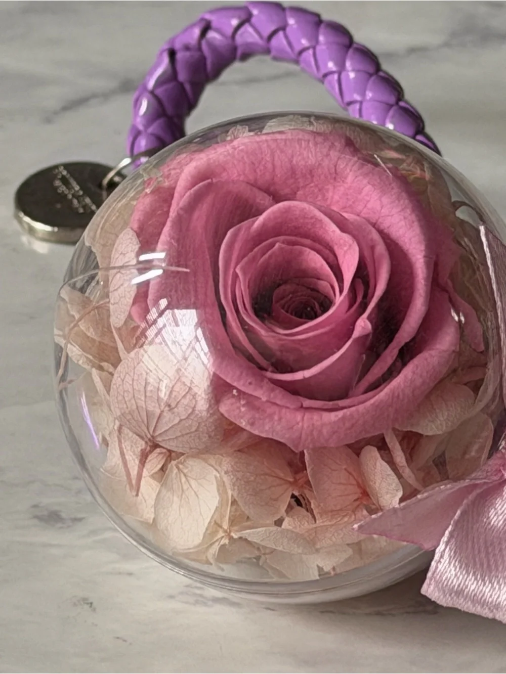 Purple Braided Wristlet Keychain with Pink Preserved Rose